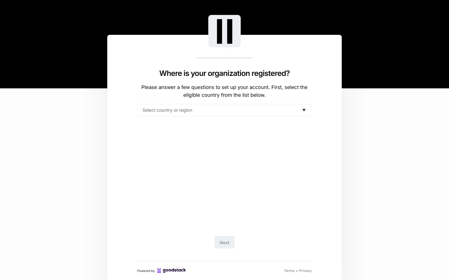 団体の登録国を尋ねるGoodstackの認証フォーム