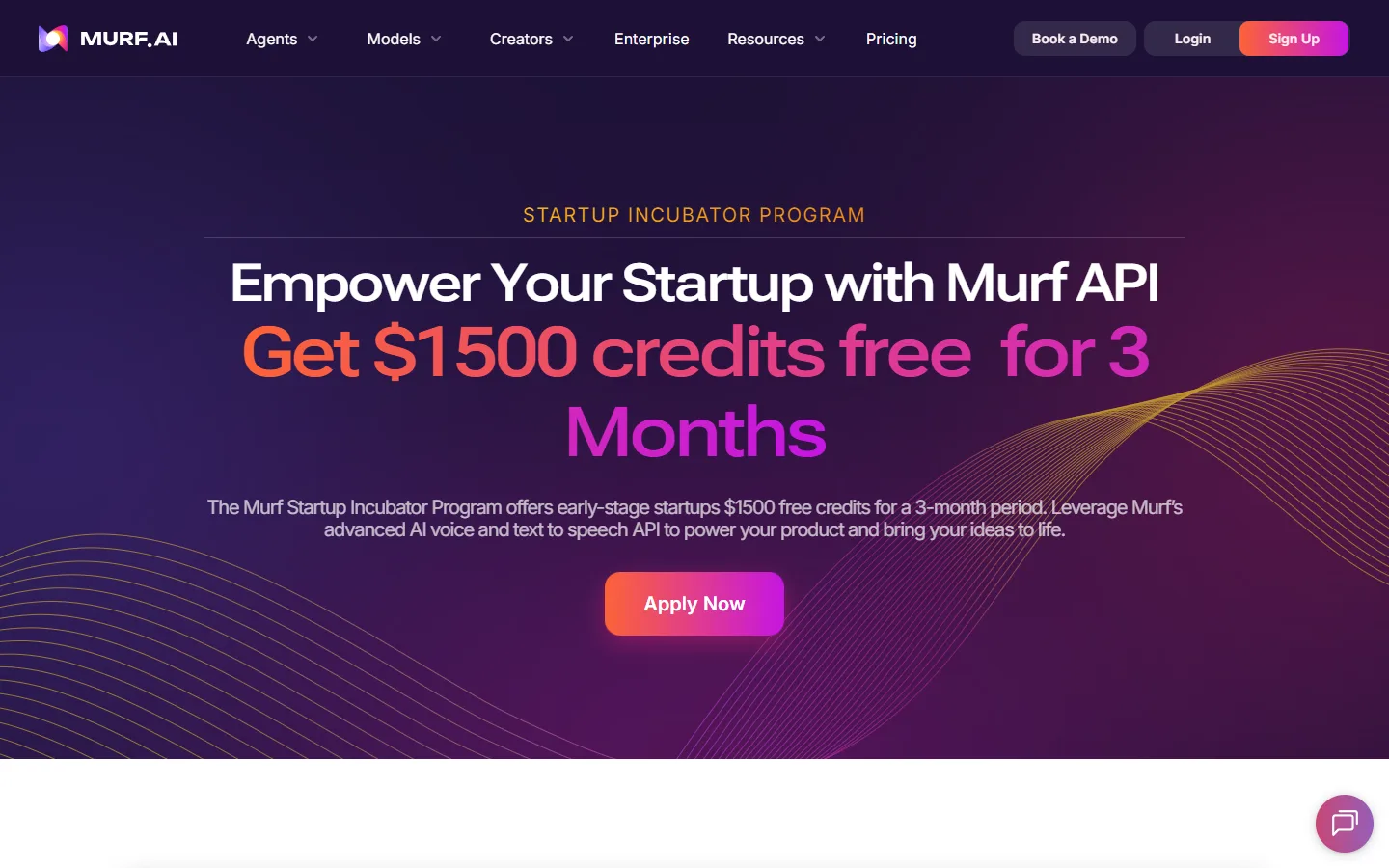 3か月間で$1500分のクレジットを提供するMurf Startup Incubator Programのページ