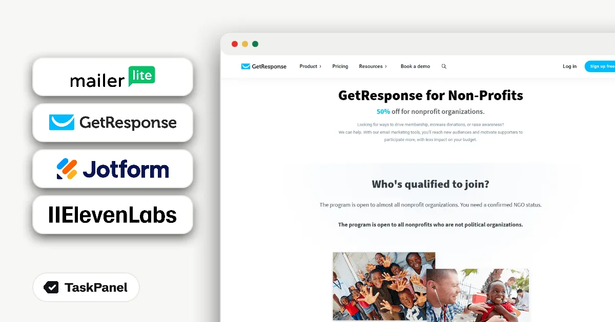 MailerLite、GetResponse、Jotform、ElevenLabs、Murfの非営利団体向け割引ページ