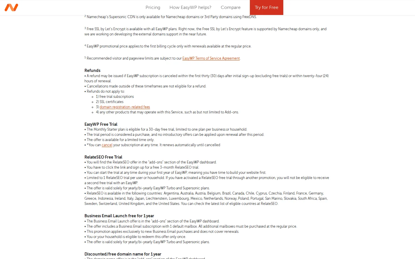 NamecheapのWordPressページにあるEasyWP Free Trialの条件