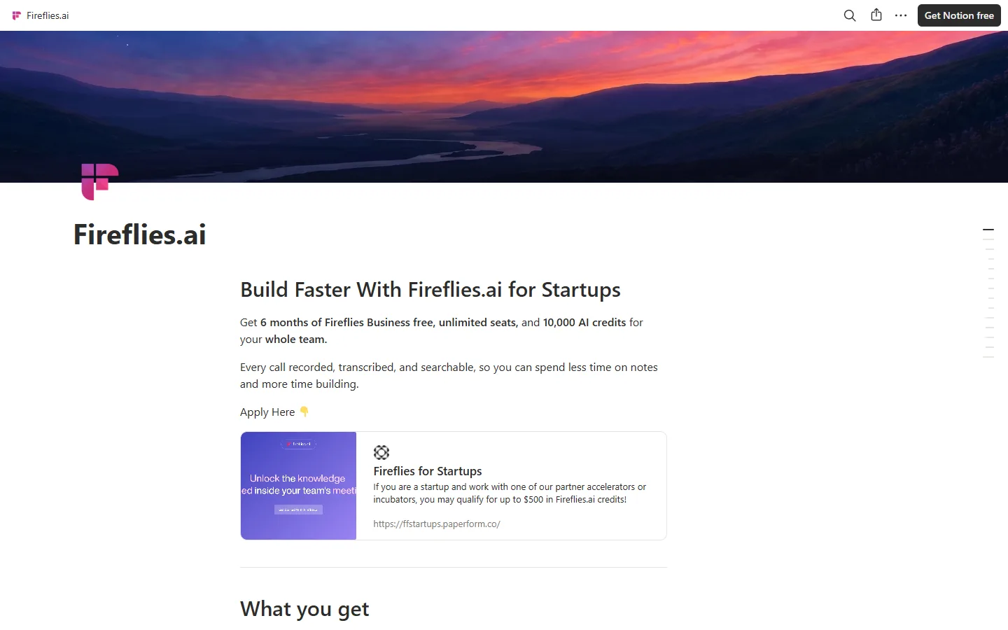 Businessを6か月無料で提供するFireflies for Startupsのページ
