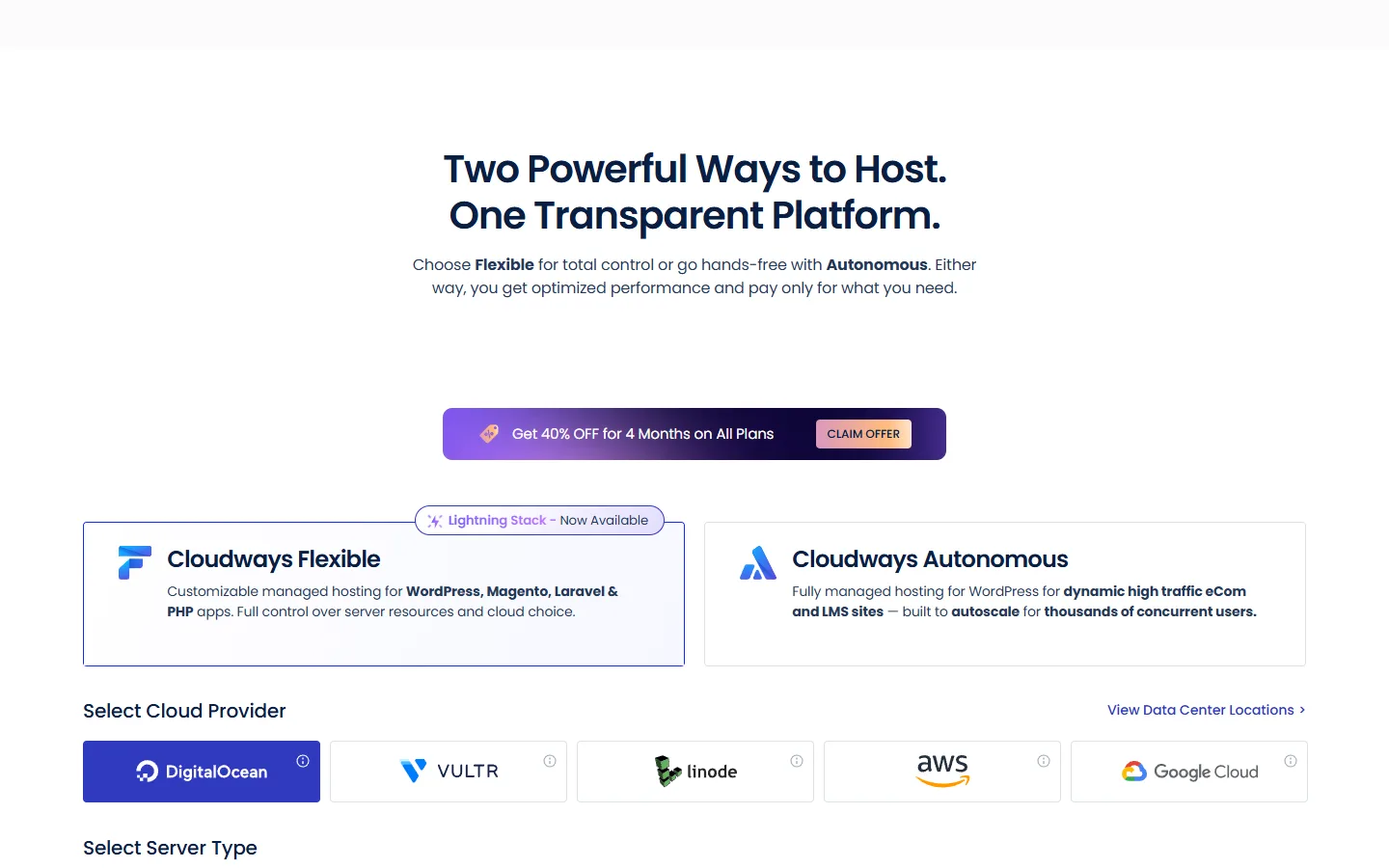 Página promocional de Cloudways con el banner de 40% de descuento
