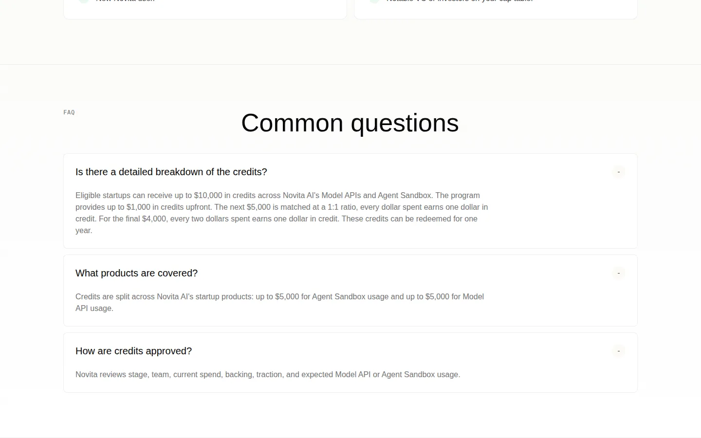 クレジットの内訳を説明するNovita AIのスタートアッププログラムFAQ