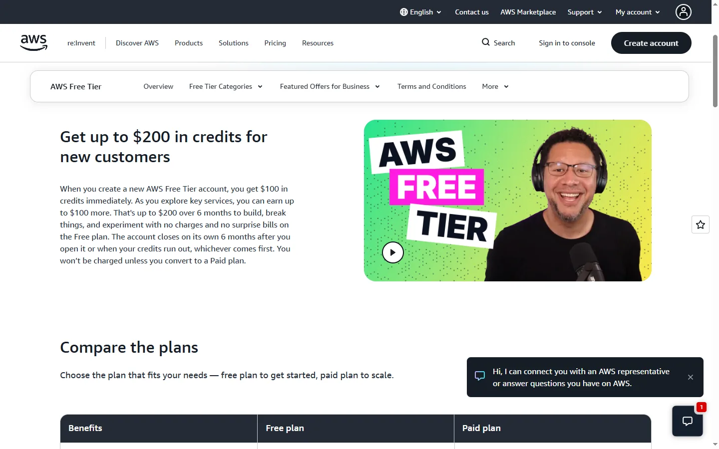 AWS Free Tierのページを開く