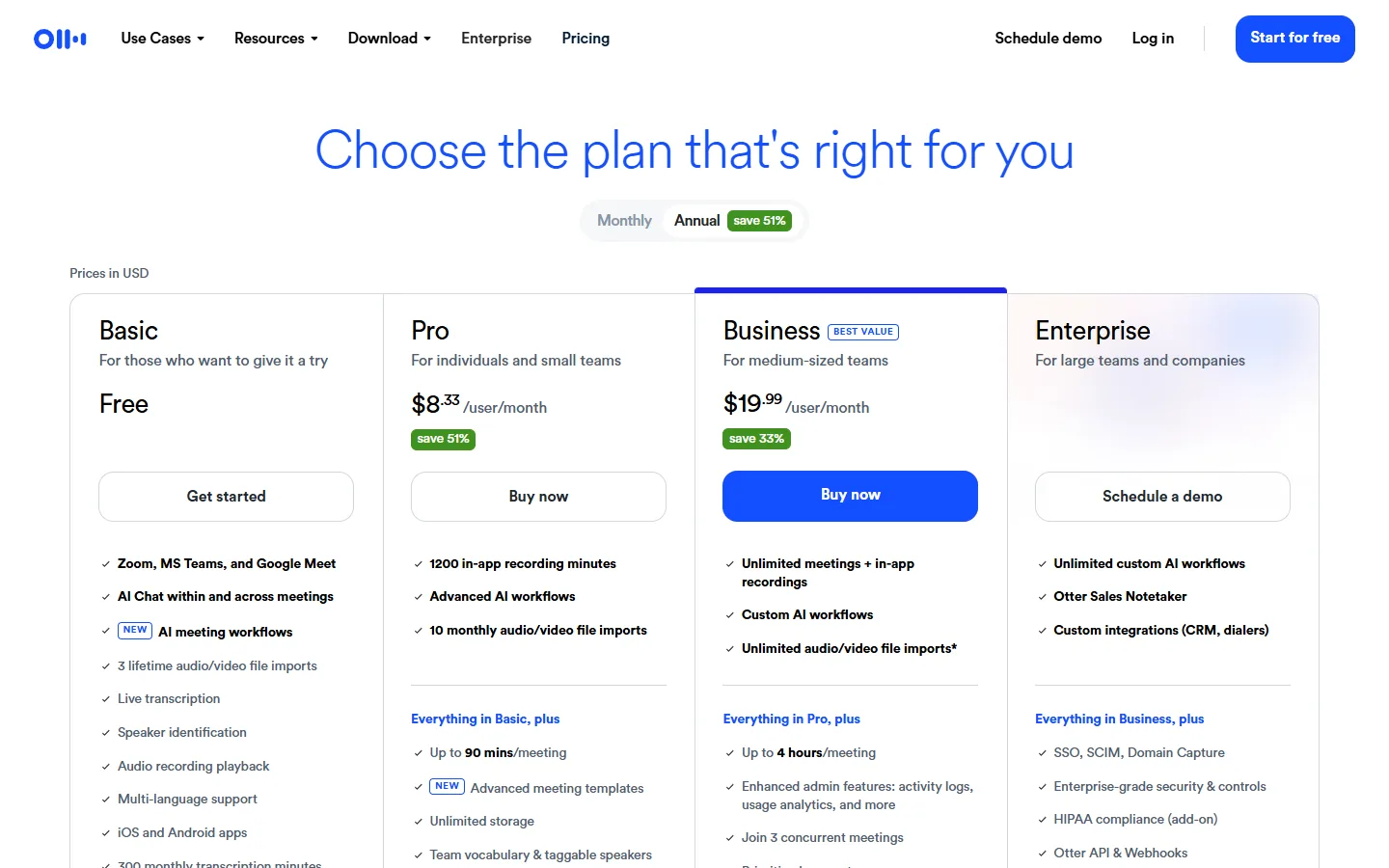 無料プランとPro、Business、Enterpriseが並ぶOtter.aiの料金ページ