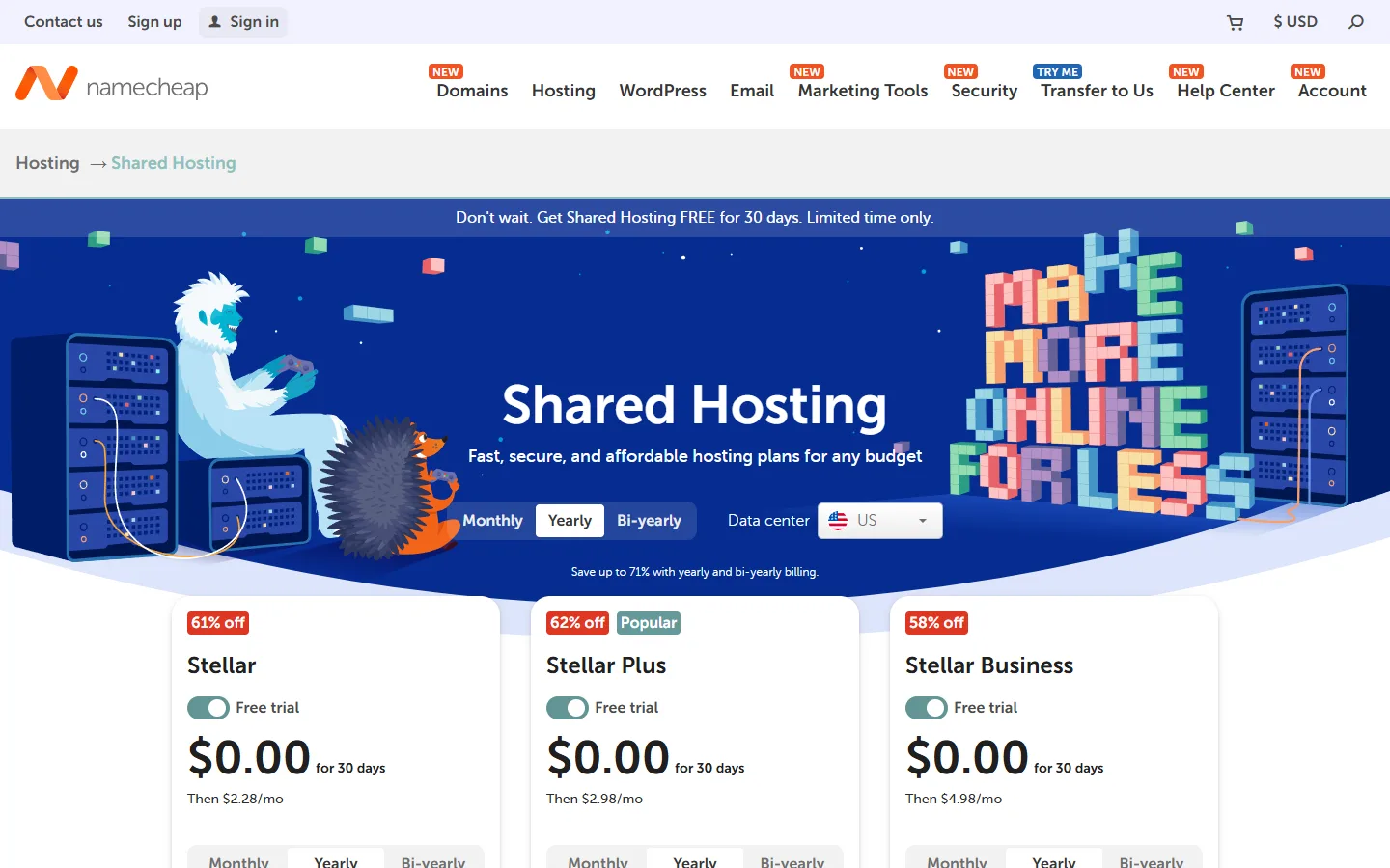 30日間無料のバナーがあるNamecheap Shared Hostingのページ
