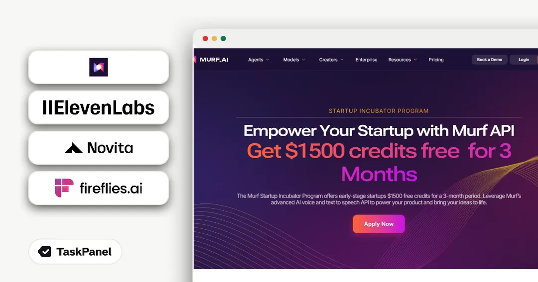 Startup-Programmseiten von ElevenLabs, Murf, Novita AI, Fireflies, Typeform und Vast.ai