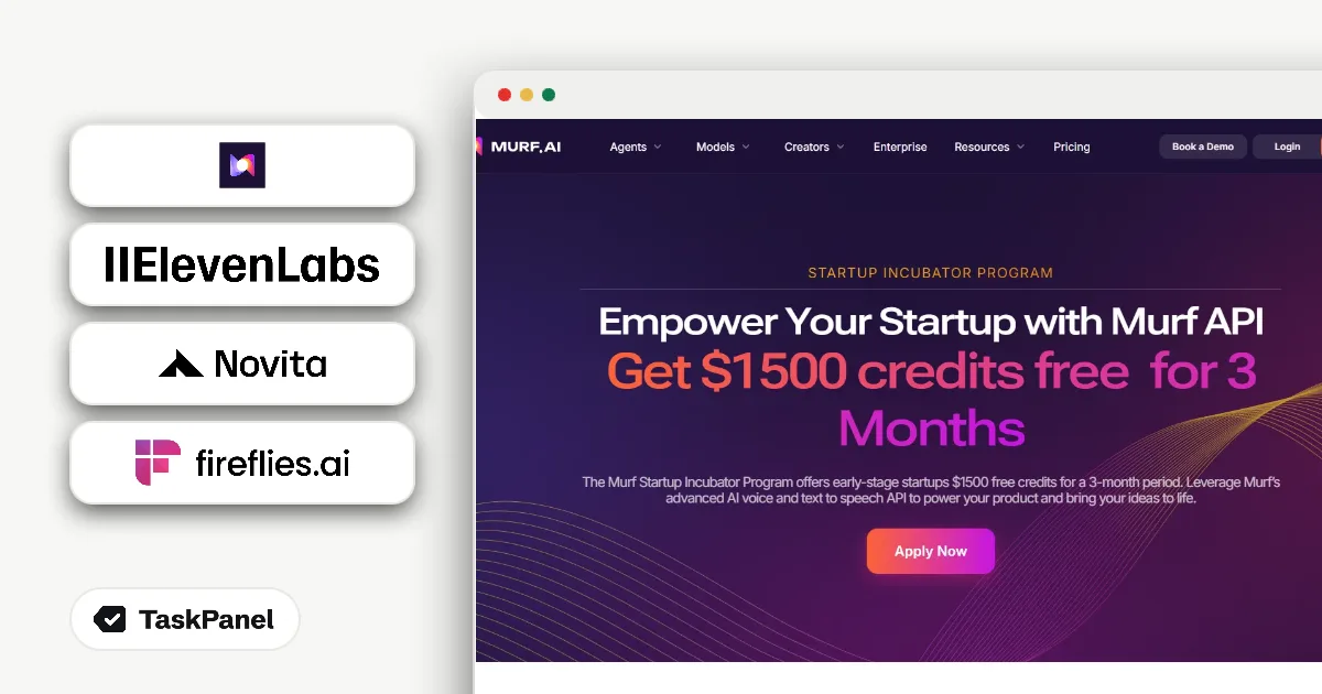 ElevenLabs、Murf、Novita AI、Fireflies、Typeform、Vast.aiのスタートアップ向けプログラムのページ